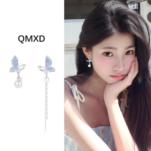 QMXD asymmetric butterfly tassel ear clips for women, unique fairy-like pierced earrings, pearl earrings, high-end earrings, butterfly tassel spiral ear clips
