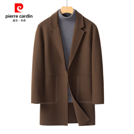 Pierre Cardin Men's Double-sided Wool Coat Mid-Length Winter Thickened Lapel Wool Woolen Coat Feel Men's Windbreaker Knitted Gray Green XL