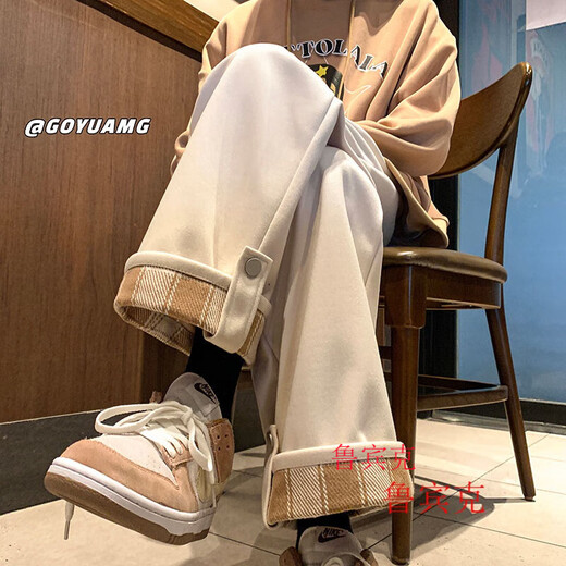 Rubink woolen pants men's autumn and winter new American trendy brand loose straight pants handsome drape plus velvet wide-leg casual trousers black plus velvet XL (recommended 125-135Jin Jin equals 0.5 kg)