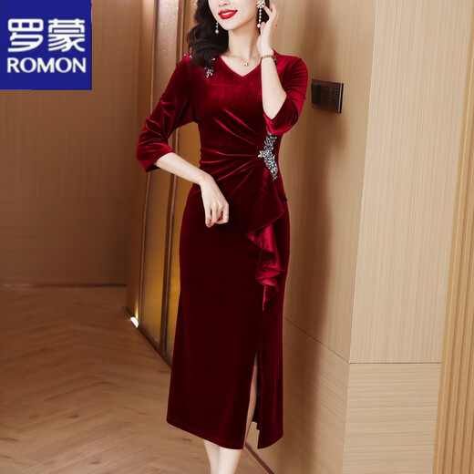 ROMON evening dress for women in spring and autumn, toasting, waist slimming, temperament, wedding banquet, middle-aged mother, high-end elegant mother-in-law dress, burgundy XL