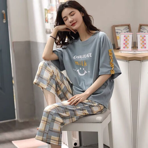 浪莎（LangSha）睡衣女夏季短袖七分裤加大宽松春夏天可外穿卡通可爱家居服套装 短袖七分裤5503_-684深紫 XL _建议115-125斤穿