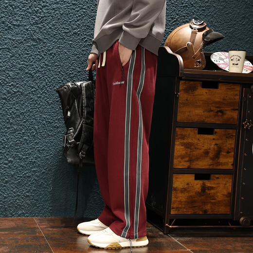 Jingulai striped straight-leg sweatpants for men in spring and autumn, loose zipper pockets, large size fat sweatpants, men's casual pants, red, thickened, velvet, 3XL, weight 180-200Jin Jin is equal to 0.5 kg