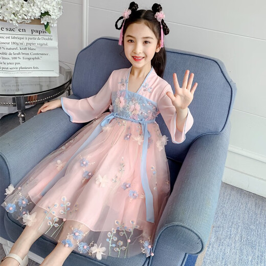 Mengmeng Island Children's Clothing Girls Dress Hanfu Spring Clothes 2021 New Children's Style Princess Skirt Medium and Large Children's Fashion Retro Skirt Pink 130 Sizes (Recommended Height 120 cm)