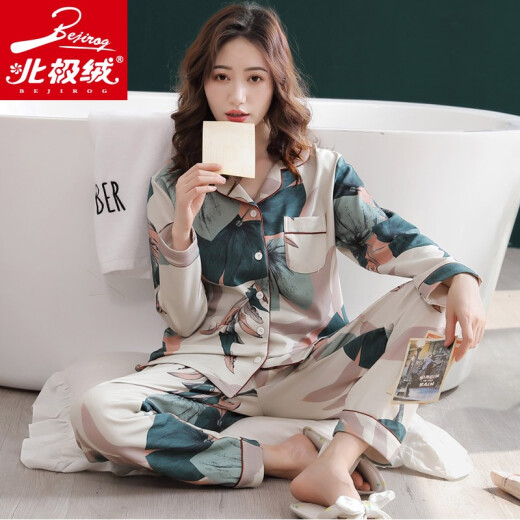 Arctic velvet Bejirog Arctic velvet pajamas for women cotton long-sleeved spring and autumn cardigan large size loose middle-aged mother thin home wear suit K368#L