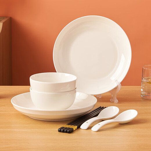 Youlaifu ceramic tableware set pure white bowls and chopsticks household underglaze color dishes set 8-piece set for two people