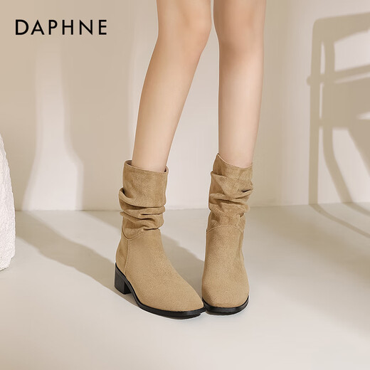 Daphne Western Cowboy Pile Boots Kurze Stiefel Damen 2025 Neu Herbst und Winter Retro Wildleder Spitze Martin Stiefel Damen Neu Khaki 38