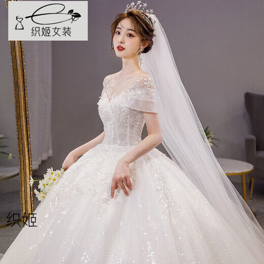 Orihime one-shoulder light wedding dress 2025 new temperament main yarn bride summer cover thick arms floor-length large tail princess style tail style standard mid-waist veil bustle one size XL size recommended 120Jin Jin is equal to 0.5 kg or less