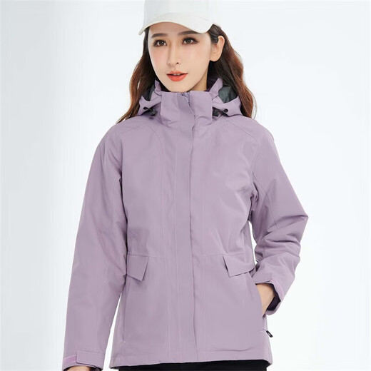 BRELRMON韩版冲锋衣女男防风户外防寒三合一保暖可拆卸滑雪登山服夹克外套 HS12805浅紫-女 2XL