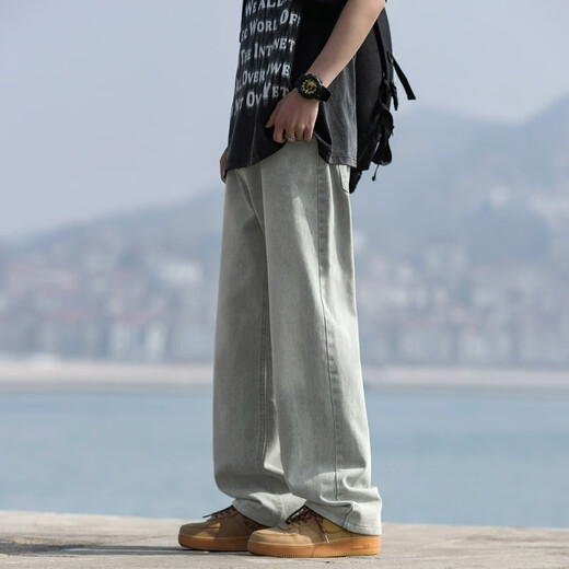 POUM 牛仔裤男秋季宽松直筒水洗裤子男港风阔腿运动工装长裤 718-K823深蓝 3XL (建议175-190斤)