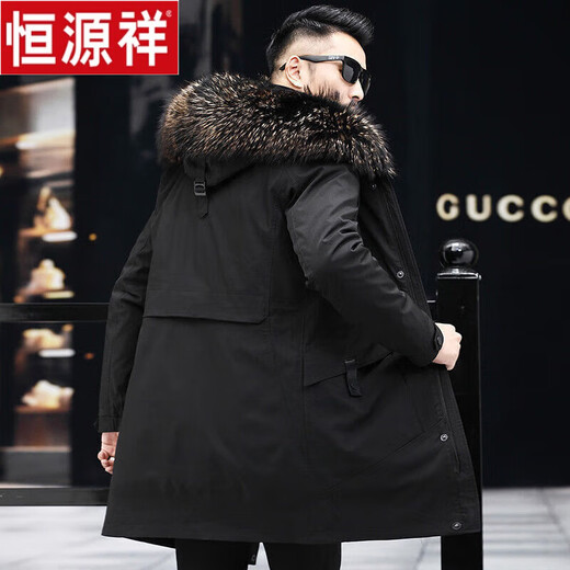 恒源祥男士派克服2025冬季新款真貉子毛领可拆卸中长款大衣皮草外套 黑色外壳+黑色内胆+黄尖毛领1 4XL 建议体重166-185