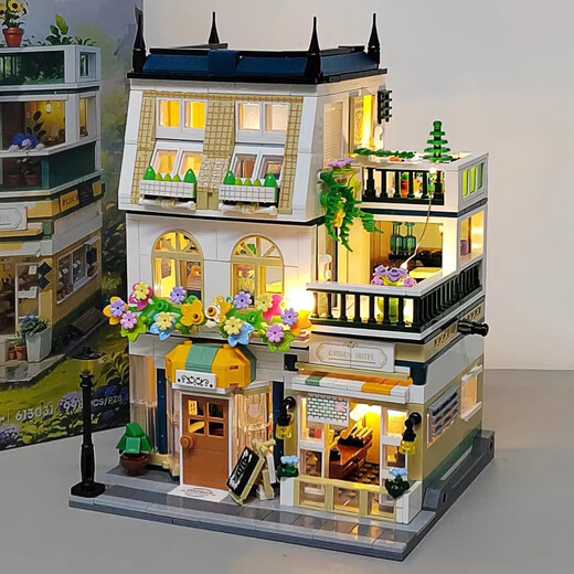 
Zhegao Family Qifu Building Blocks (ZHEGAO) Girls' Villa House Building Blocks Compatible with Lego Garden Hotel Castle Girls 6-12 years old assembled toys Playing House Double Floor - Wangwang Apartment + 1048 pellets of light
