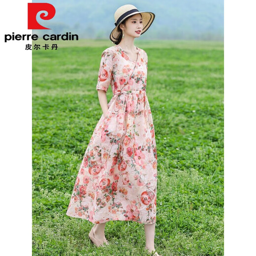 
Pierre cardin retro ethnic style women's long skirt summer age-reducing mother m mother suit lace waist-hugging slimming cotton linen dress floral dress 683 pink XL
