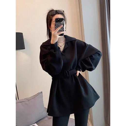 NLMC hip-covering tops with shark pants stand spring and autumn plus size women's clothing for fat mm black suit collar waist sweatshirt women niche black M