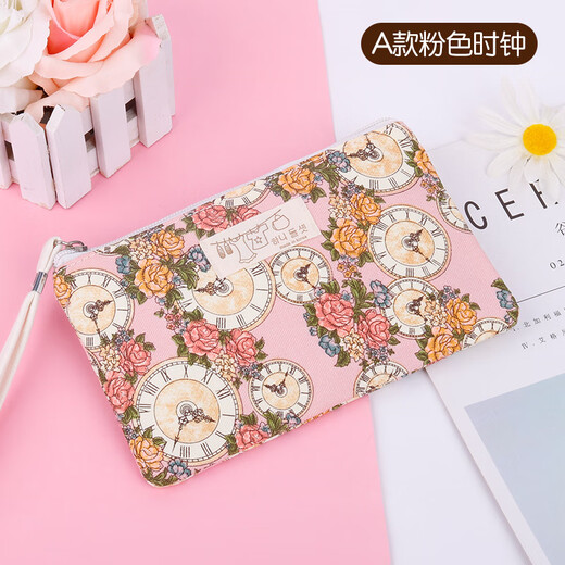 Yufan Geldbörse weiblich Mini-Kartenhalter Koreanische Version Student Münztasche lange Segeltuchtasche kleine Tasche Hand Baumwolltasche Handytasche Eine rosa Uhr
