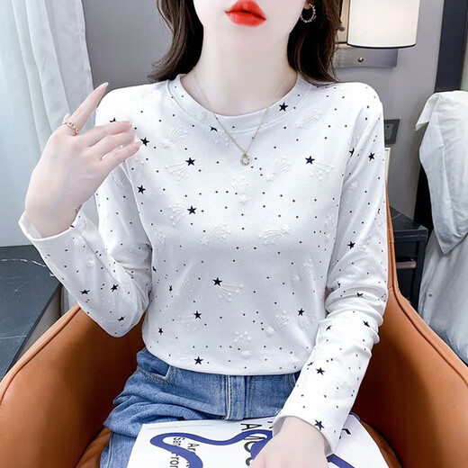 红蜻蜓纯棉时尚印花打底衫女长袖秋季新款修身百搭圆领T恤内搭上衣 DD1396#（白色）长袖 L 【建议106-120斤】