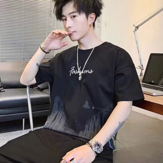 牧臧霸短袖t恤男士夏季薄款ins印花半袖圆领体恤衫男装修身半截袖上衣 829灰色 L (100-120)斤