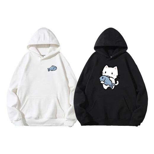 MDlila <Two-piece> Couple's Sweatshirt Autumn and Winter Suit Red One Man and One Woman Loose Hooded Jacket Fish-Eating Cat Male Black + Female Black (Spring and Autumn Style) XL Male + Female M