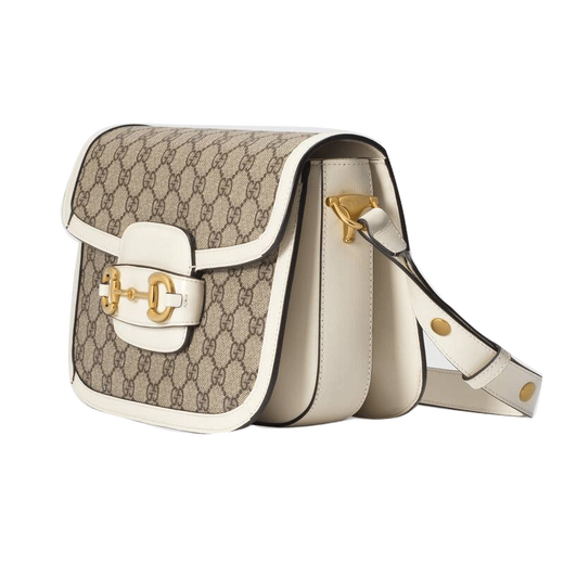 Gucci (GUCCI) women's bag horse buckle shoulder bag 1955 series small crossbody bag double G pattern canvas leather postman bag 92TCG 9761 white leather piping pre-sale