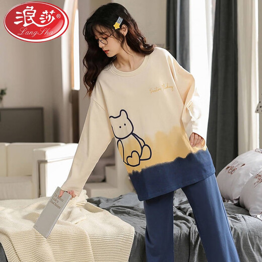 
LangSha brand pajamas autumn and winter women's cotton long-sleeved trousers round neck for students to wear casual and simple home clothing set XB9905 women's L