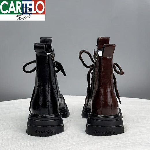 CARTELO leather Martin boots for women 2024 new autumn British style European products ins trendy slim thick-soled short boots burgundy (added velvet style) 38