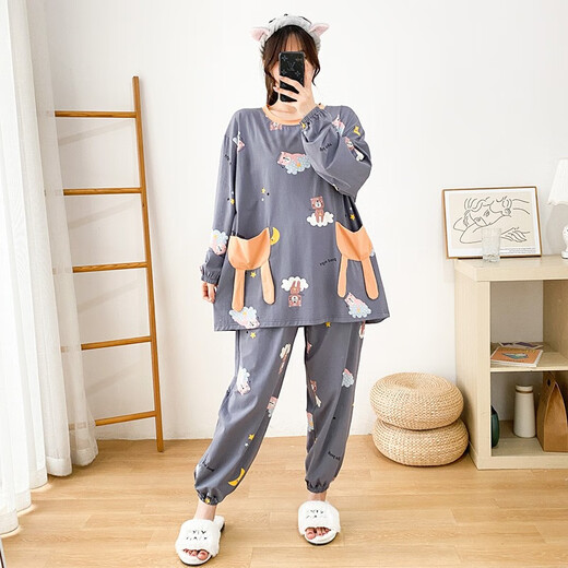 
Qiao Yumeng 200Jin [Jin equals 0.5 kg] Fat Girl Large Size Pajamas Cotton Women Long Sleeve Cartoon Set Loose Home Clothing Can Wear Outdoor Autumn Fat mm 6169 Gray 4XL 130-180Jin [Jin equals 0.5 kg]
