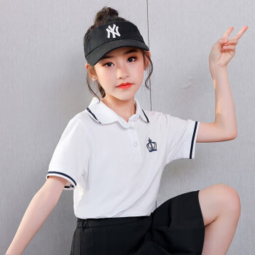 Nickybaby Girls Kurzärärtes T-Shirt Polo Shirt Kinder College-Stil Pure Cotton Top Sommer Big Children's Lapel Student Casual Summer Anzug 3451 Blau 1429 Weiß 130 cm