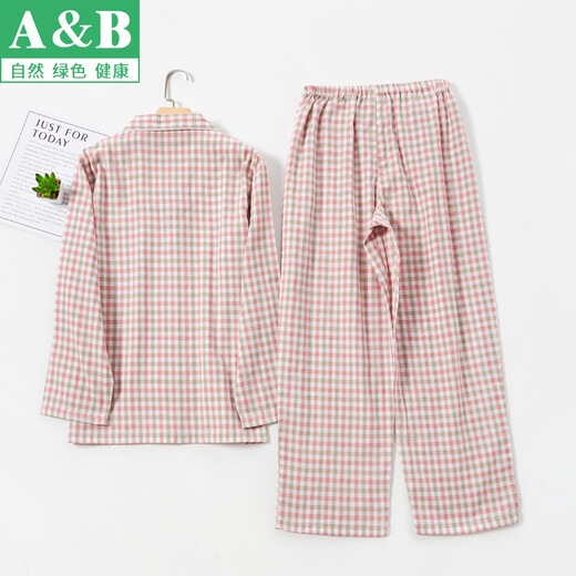 AB睡衣女夏纯棉长袖长裤两件套情侣男薄款春秋全棉格子家居服套装 G761 男士-深蓝格子 L