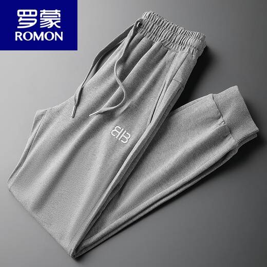 罗蒙（ROMON）运动裤男棉春秋薄款束脚休闲长裤小脚刺绣男士酒红色裤子男卫裤 黑色9928春秋薄款 3XL