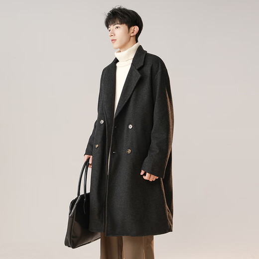 Dingfengbaoluo Korean style woolen coat for men winter mid-length thickened coat high-end double-breasted HK09 matte black L
