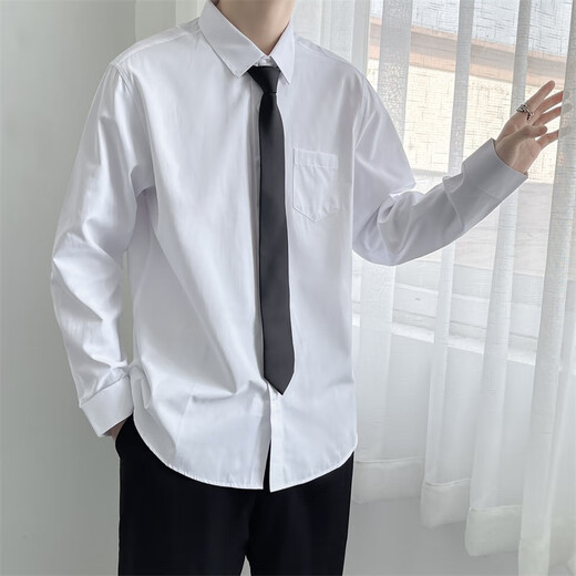 本际白色长袖衬衫男宽松情侣套装DK韩版潮流学生毕业照班服休闲衬衣男 白色长袖衬衫+黑色领带 XL