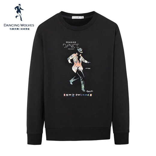 Dances with Wolves Velvet Sweatshirt Men's Autumn and Winter National Fashion Pattern Versatile Thick Sweatshirt Men's Top Black Velvet M