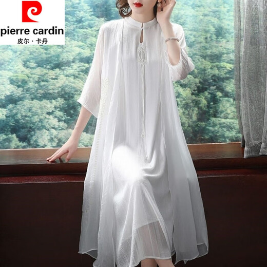 Pierre Cardin improved silk cheongsam for women summer new style fashionable Hanfu long skirt Chinese style retro mulberry silk dress apricot suit 2XL recommended 130-145Jin Jin equals 0.5 kg