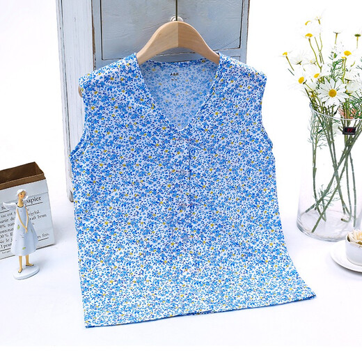 AB underwear women's pure cotton pajamas summer sleeveless sweatshirt middle-aged and elderly mothers printed V-neck cardigan vest T-shirt S724 Blue Lotus XXL (170/100)