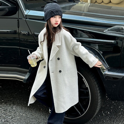 FIXXA Girls' Jacket Autumn and Winter 2025 New Children's Padded Thickened Woolen Coat Big Children's Mid-Length Winter Top Beige 150 cm