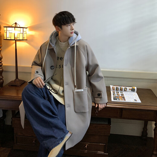 NEW OR MODE American mid-length woolen coat for men in autumn and winter, knee-length trendy windbreaker, thickened hooded woolen coat, off-white XL