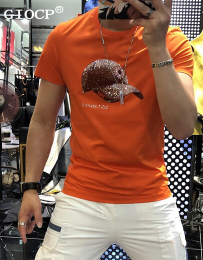 Giocp Hong Kong Trendy Brand Sommer Neuer mercerisierter Baumwollhut-Bügeln Diamant Kurzarm Internet Promi Persönlichkeit Trendy Slim Hälfte T-Shirt Männer Orange 733 Hut 3xl