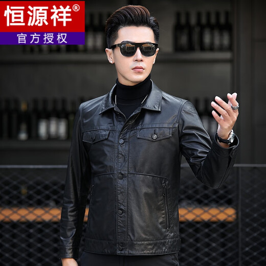 Hengyuanxiang 2023 Herbst und Winter Haining Revers Echtlederjacke Herren Erste Schicht Rindslederjacke Kurz Slim Button Motorradjacke Schwarz 180/2XL (140-155Jin Jin entspricht 0,5 kg)