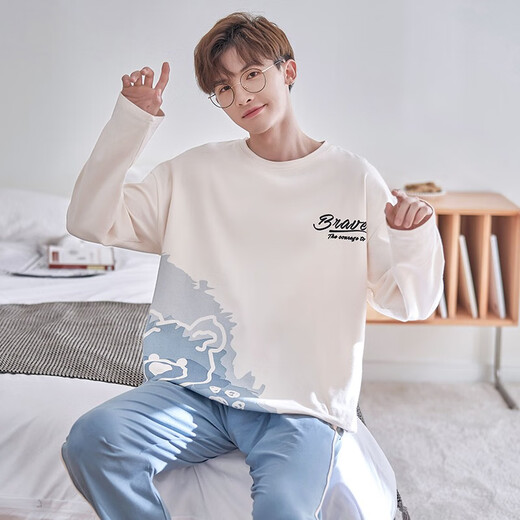 智兜兜潮汕揭阳睡衣男睡衣男士春秋季棉质青少年长袖长裤套装宽松家居服 长的袖长库-a1283 10XL 少年版m码 140-152cm 60-8