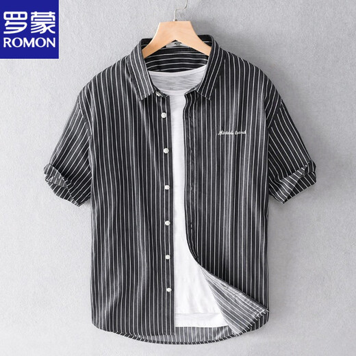 ROMON high-end men's striped shirt short sleeve loose summer thin casual casual versatile cotton shirt summer clothes 9738 black stripes M 100Jin [Jin equals 0.5 kg] about