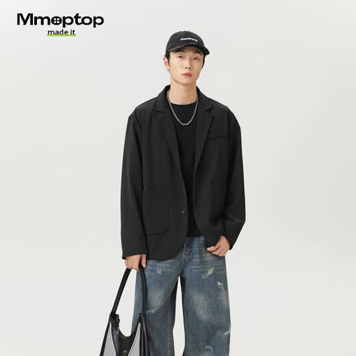 MMOPTOP高级感西服外套男士春秋季情侣纯色宽松休闲西装2516哑光黑L