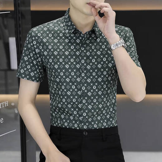 以堡狼高端夏季男衬衫短袖弹力冰丝数码印花薄款休闲男士衬衣修身 7029白色 L 【推荐110-125斤】