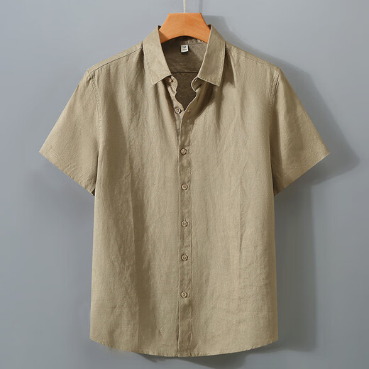 100%纯亚麻料短袖衬衫男士日系复古棉麻布上衣服夏季薄款休闲衬衣 灰色935  薄款 XL （135-155斤）