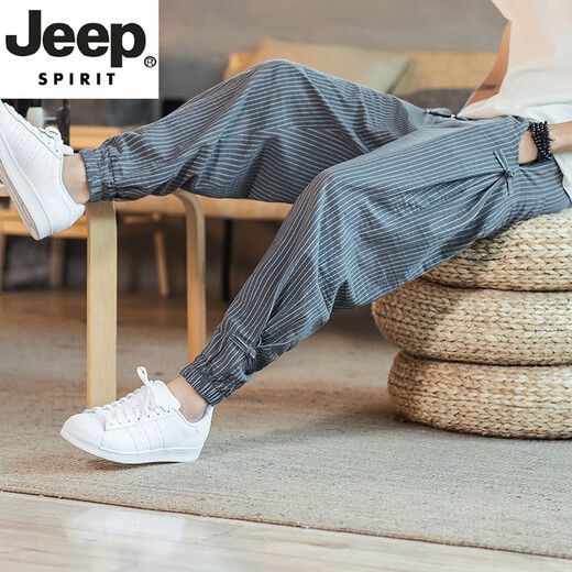 JEEP SPIRIT吉普亚麻裤男夏季薄款九分裤宽松束脚哈伦裤中国风男裤条纹棉麻裤 MK983黑色 L (115-135斤)