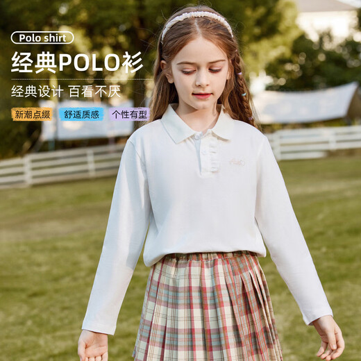 ASK JUNIOR Girls T-shirt 2026 Spring Solid Color Sports Leisure Versatile Children's Running Polo Shirt White 130