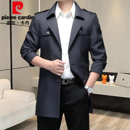 Pierre Cardin Trendy Over-Knee Double Breasted Windbreaker Jacke für Männer schlanker Jugend Herbst Britisch Retro verdickte Mantel mit mittlerer Länge 12158 Karte ein langer m