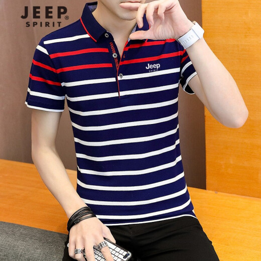 Jeep JEEP short-sleeved t-shirt men's POLO shirt 2021 summer new business casual men's T-shirt men's striped lapel t-shirt bottoming shirt top blue and red stripe XL