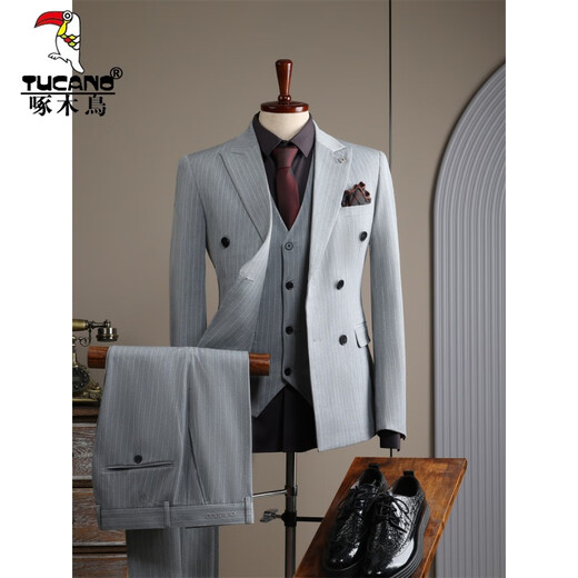 Woodpecker (TUCANO) double-breasted striped suit men's suit casual groom wedding dress business slim suit suit men 6831 black stripes (suit + trousers) 52/XL (125-135Jin Jin equals 0.5 kg)