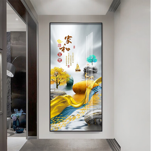 牧邻玄关装饰画新中式轻奢现代简约背景墙壁挂画免打孔走廊过道镶钻画 12243福鹿呈祥 晶瓷70*140黑框 墙宽101-120