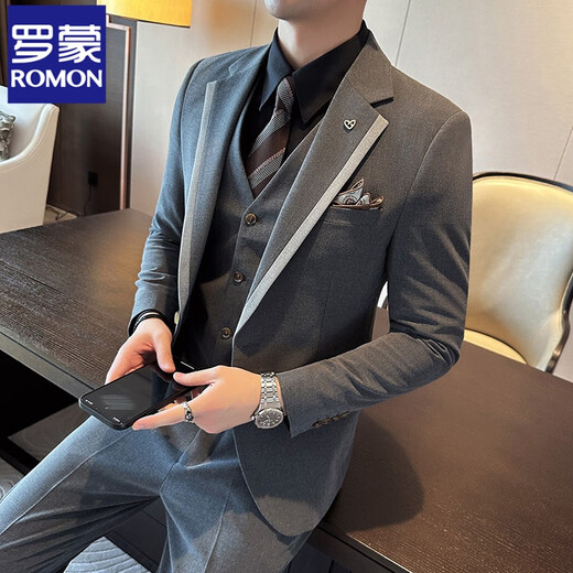 ROMON high-end suit men's autumn new suit men's business professional formal wear groom's wedding best man's dress medium gray (suit + pants) free tie 2XL