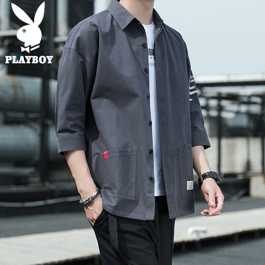 Playboy (Playboy) Shirt Herren Sommerhemd Herrenjacke Casual Viertel Ärmel Herren Kurzarm Lose Shirt Grau XL